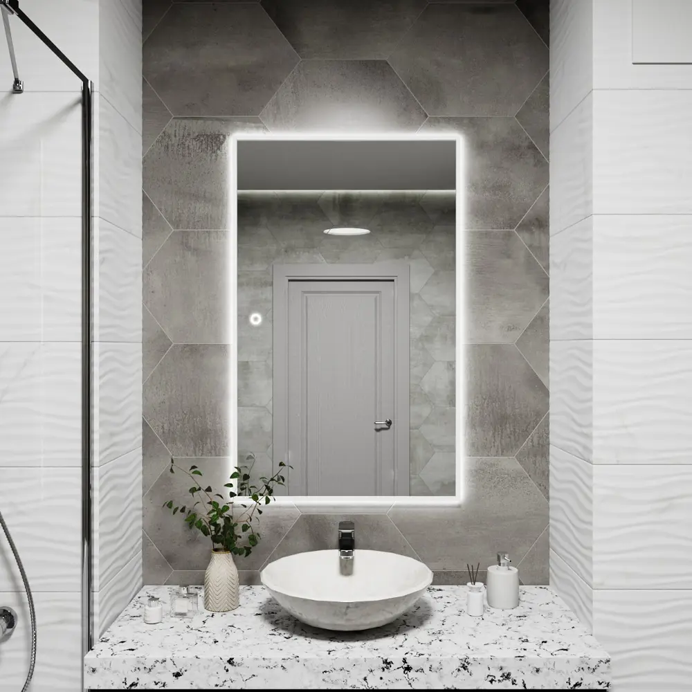 Фото 5 Зеркало с подсветкой в ванную One Mirror 100x70см сенсорное в алюминиевой раме цвет белое