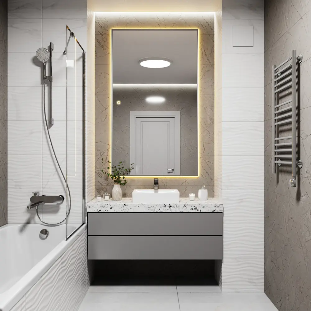 Фото 2 Зеркало с подсветкой в ванную One Mirror 140x80см сенсорное цвет серебро Фото 2 Зеркало с подсветкой в ванную One Mirror 140x80см сенсорное цвет серебро