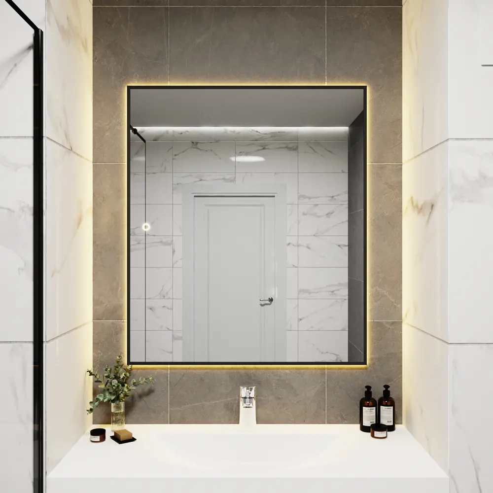 Фото 5 Зеркало с подсветкой в ванную One Mirror 100x90см сенсорное в алюминиевой раме цвет черное Фото 5 Зеркало с подсветкой в ванную One Mirror 100x90см сенсорное в алюминиевой раме цвет черное