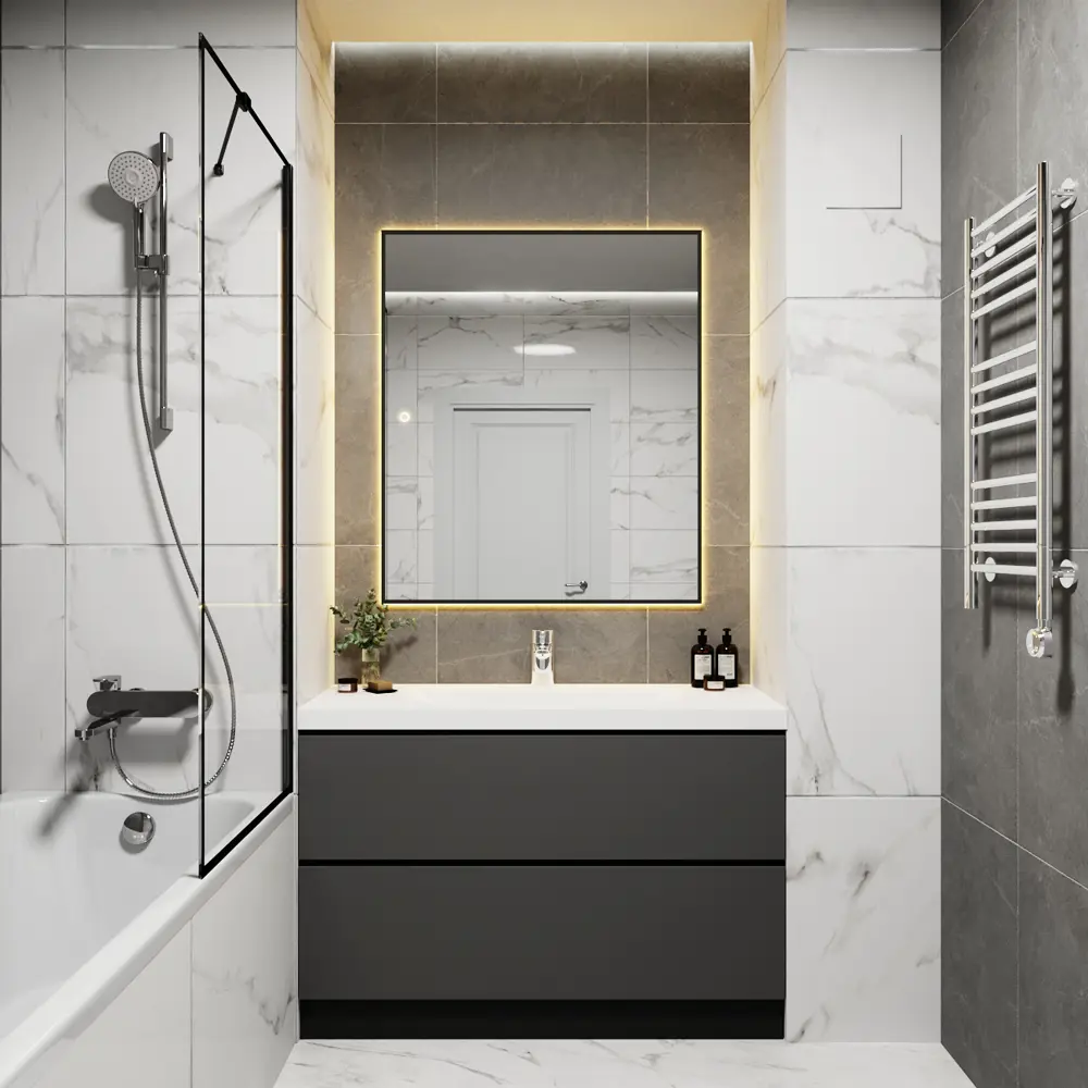 Фото 3 Зеркало с подсветкой в ванную One Mirror 100x90см сенсорное в алюминиевой раме цвет черное Фото 3 Зеркало с подсветкой в ванную One Mirror 100x90см сенсорное в алюминиевой раме цвет черное