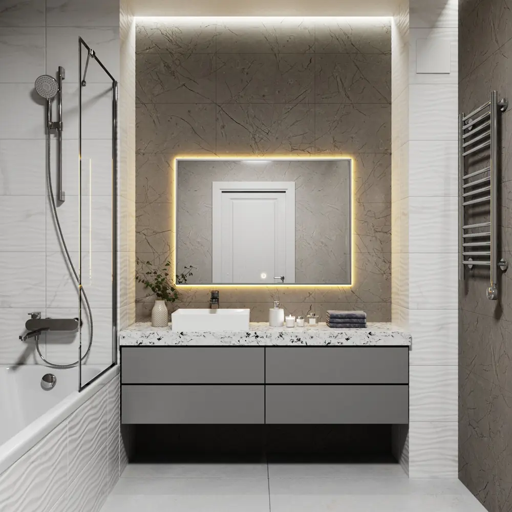 Фото 7 Зеркало с подсветкой в ванную One Mirror 100x80см сенсорное в алюминиевой раме цвет серебро Фото 7 Зеркало с подсветкой в ванную One Mirror 100x80см сенсорное в алюминиевой раме цвет серебро