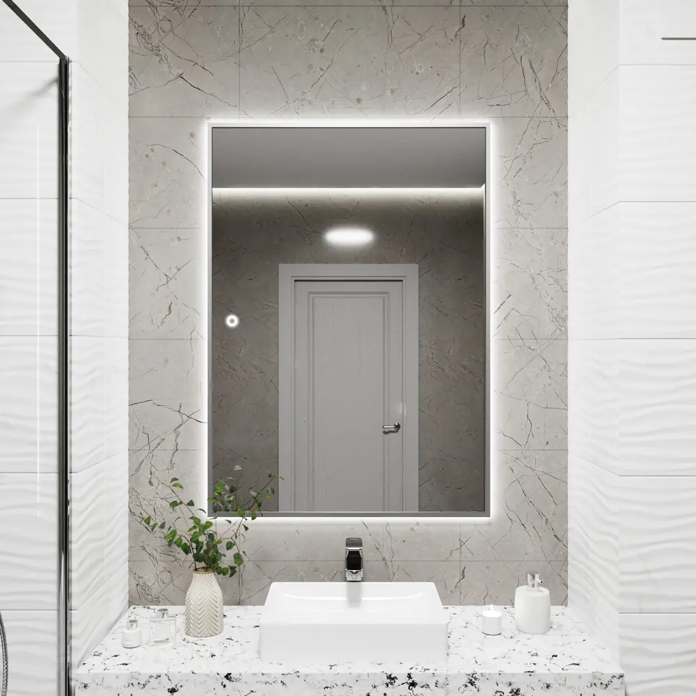 Фото 8 Зеркало с подсветкой в ванную One Mirror 100x80см сенсорное в алюминиевой раме цвет серебро Фото 8 Зеркало с подсветкой в ванную One Mirror 100x80см сенсорное в алюминиевой раме цвет серебро