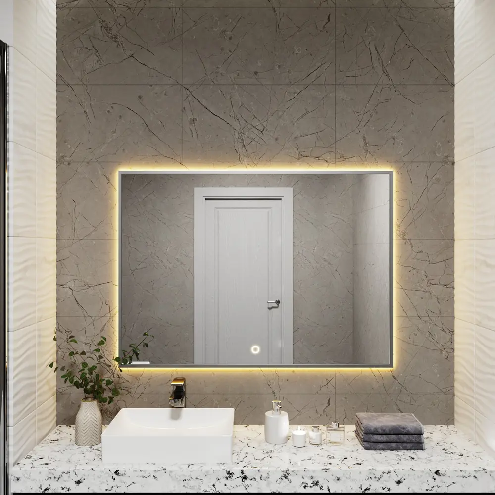 Фото 5 Зеркало с подсветкой в ванную One Mirror 100x80см сенсорное в алюминиевой раме цвет серебро Фото 5 Зеркало с подсветкой в ванную One Mirror 100x80см сенсорное в алюминиевой раме цвет серебро