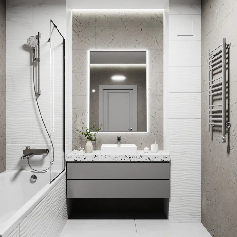 Фото Зеркало с подсветкой в ванную One Mirror 100x80см сенсорное в алюминиевой раме цвет серебро Фото Зеркало с подсветкой в ванную One Mirror 100x80см сенсорное в алюминиевой раме цвет серебро