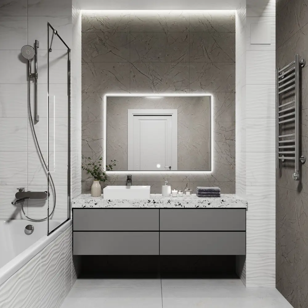 Фото 4 Зеркало с подсветкой в ванную One Mirror 100x80см сенсорное в алюминиевой раме цвет серебро Фото 4 Зеркало с подсветкой в ванную One Mirror 100x80см сенсорное в алюминиевой раме цвет серебро