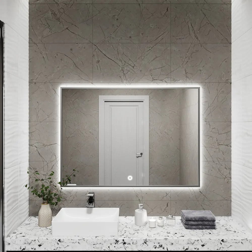 Фото 6 Зеркало с подсветкой в ванную One Mirror 100x80см сенсорное в алюминиевой раме цвет серебро Фото 6 Зеркало с подсветкой в ванную One Mirror 100x80см сенсорное в алюминиевой раме цвет серебро