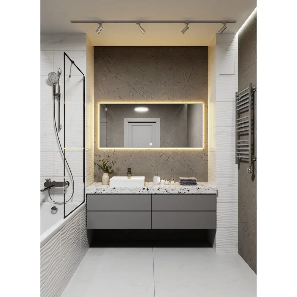 Фото 4 Зеркало с подсветкой в ванную One Mirror 140x70см сенсорное цвет серебро Фото 4 Зеркало с подсветкой в ванную One Mirror 140x70см сенсорное цвет серебро