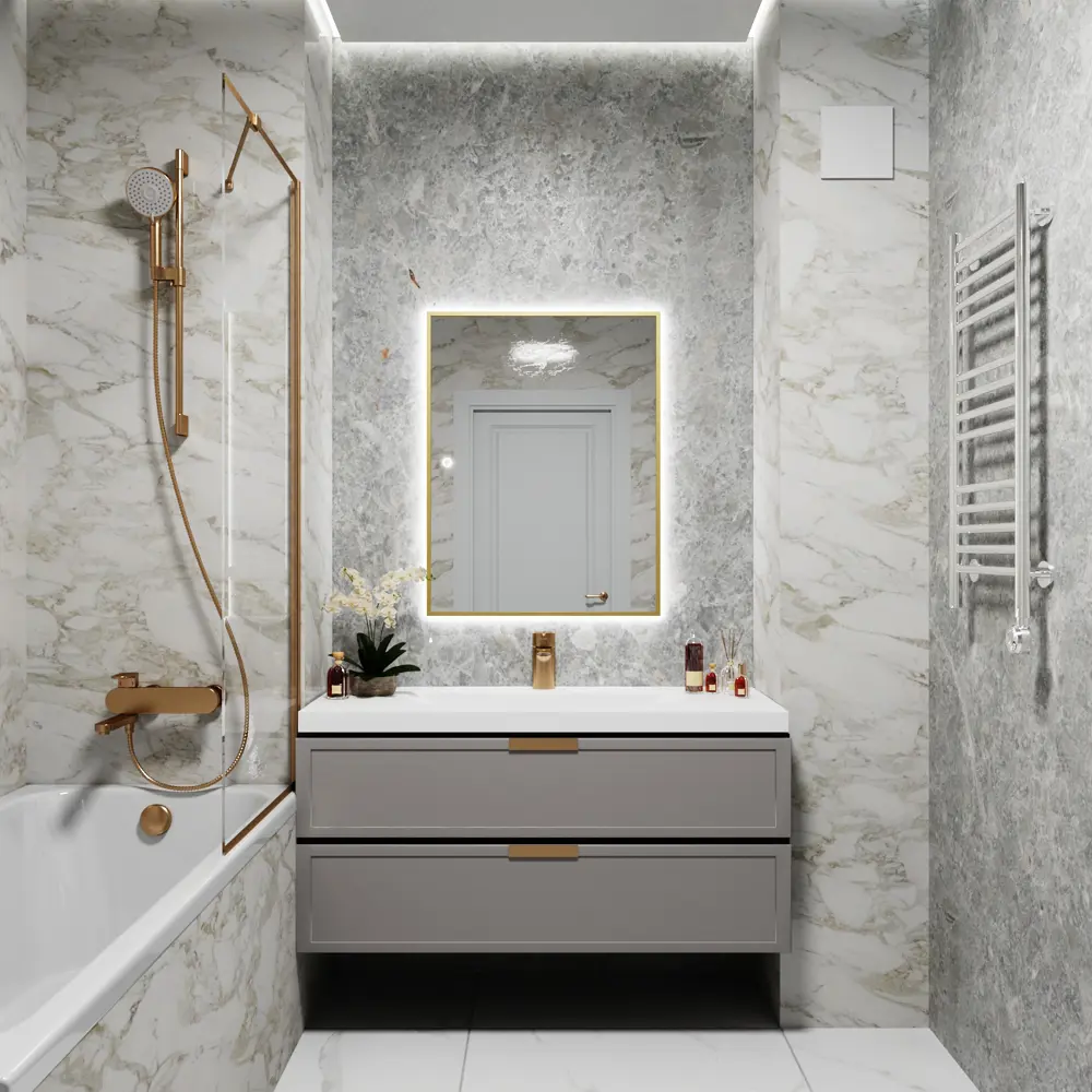 Фото 3 Зеркало с подсветкой в ванную One Mirror 90x60см сенсорное цвет золото