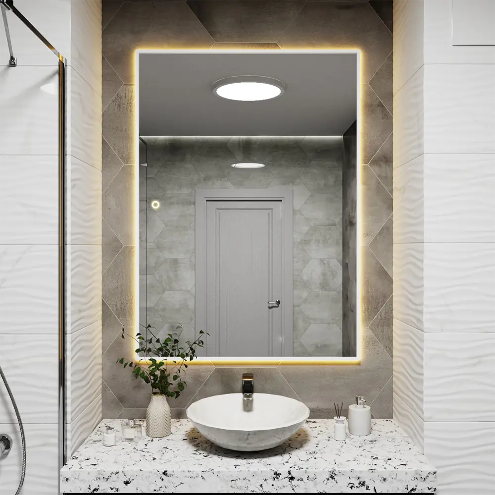 Фото 4 Зеркало с подсветкой в ванную One Mirror 120x90см сенсорное в алюминиевой раме цвет белое Фото 4 Зеркало с подсветкой в ванную One Mirror 120x90см сенсорное в алюминиевой раме цвет белое