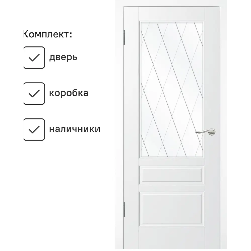 Фото Комплект межкомнатной двери Wanmark Скай-3 остеклённая 200x60см эмаль цвет белый с коробом и наличниками Фото Комплект межкомнатной двери Wanmark Скай-3 остеклённая 200x60см эмаль цвет белый с коробом и наличниками