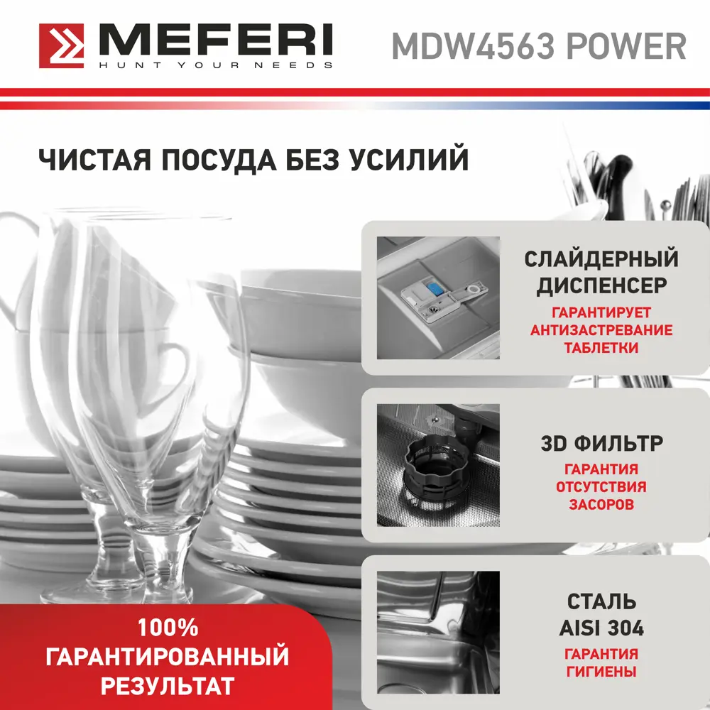 Фото 4 Встраиваемая посудомоечная машина Meferi MDW4563 POWER 45 см 6 программ цвет серый Фото 4 Встраиваемая посудомоечная машина Meferi MDW4563 POWER 45 см 6 программ цвет серый
