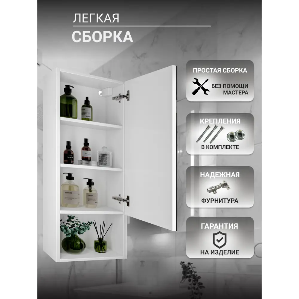 Фото 4 Шкаф для ванной комнаты Play Лео навесной правый 30 см цвет белый Фото 4 Шкаф для ванной комнаты Play Лео навесной правый 30 см цвет белый