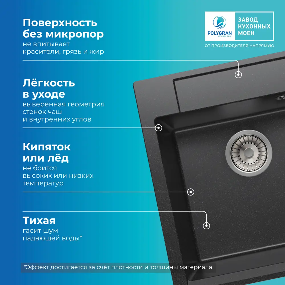Фото 8 Мойка врезная прямоугольная 51x20x46 см POLYGRAN Argo-460 искусственный камень цвет черный Фото 8 Мойка врезная прямоугольная 51x20x46 см POLYGRAN Argo-460 искусственный камень цвет черный