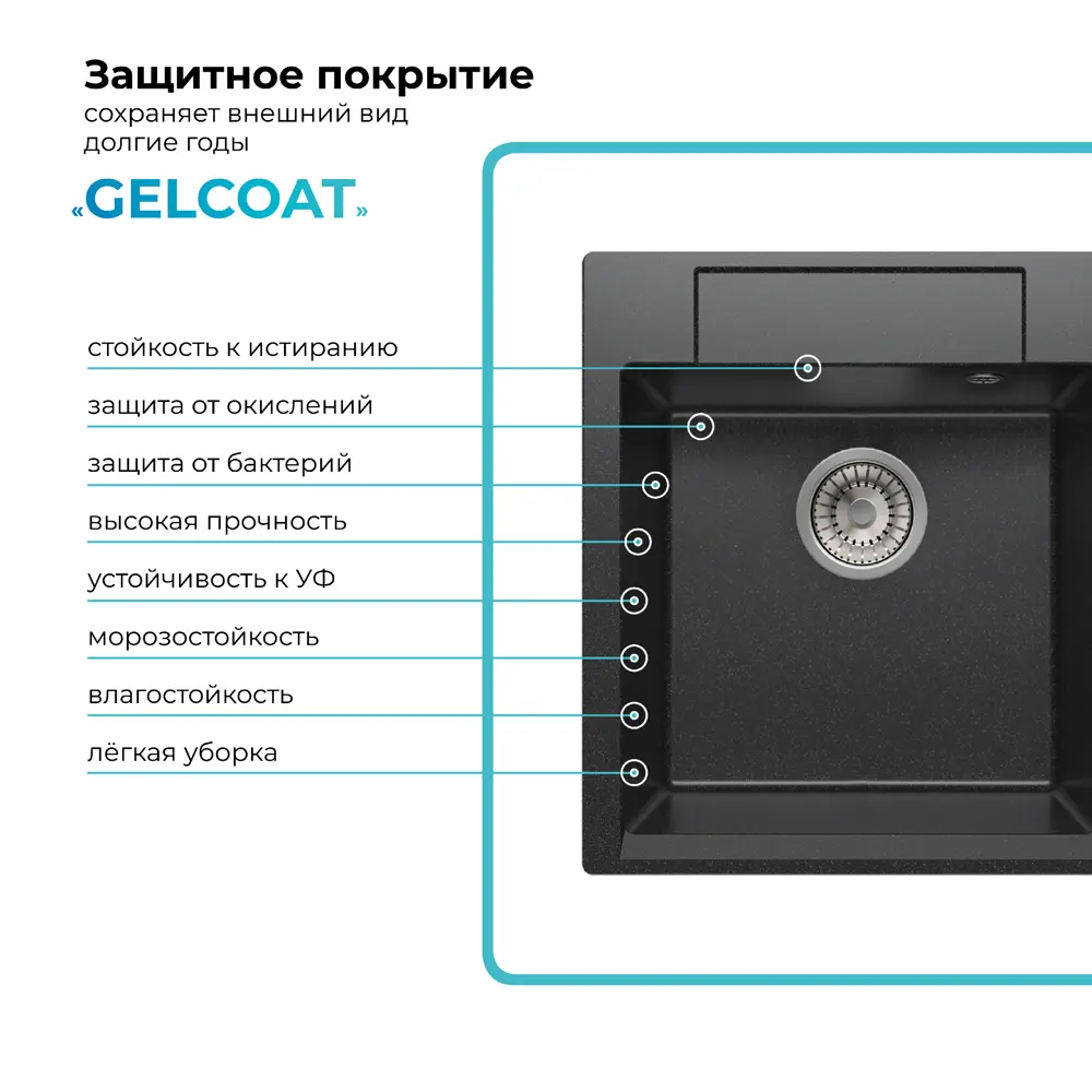 Фото 9 Мойка врезная прямоугольная 51x20x46 см POLYGRAN Argo-460 искусственный камень цвет черный Фото 9 Мойка врезная прямоугольная 51x20x46 см POLYGRAN Argo-460 искусственный камень цвет черный