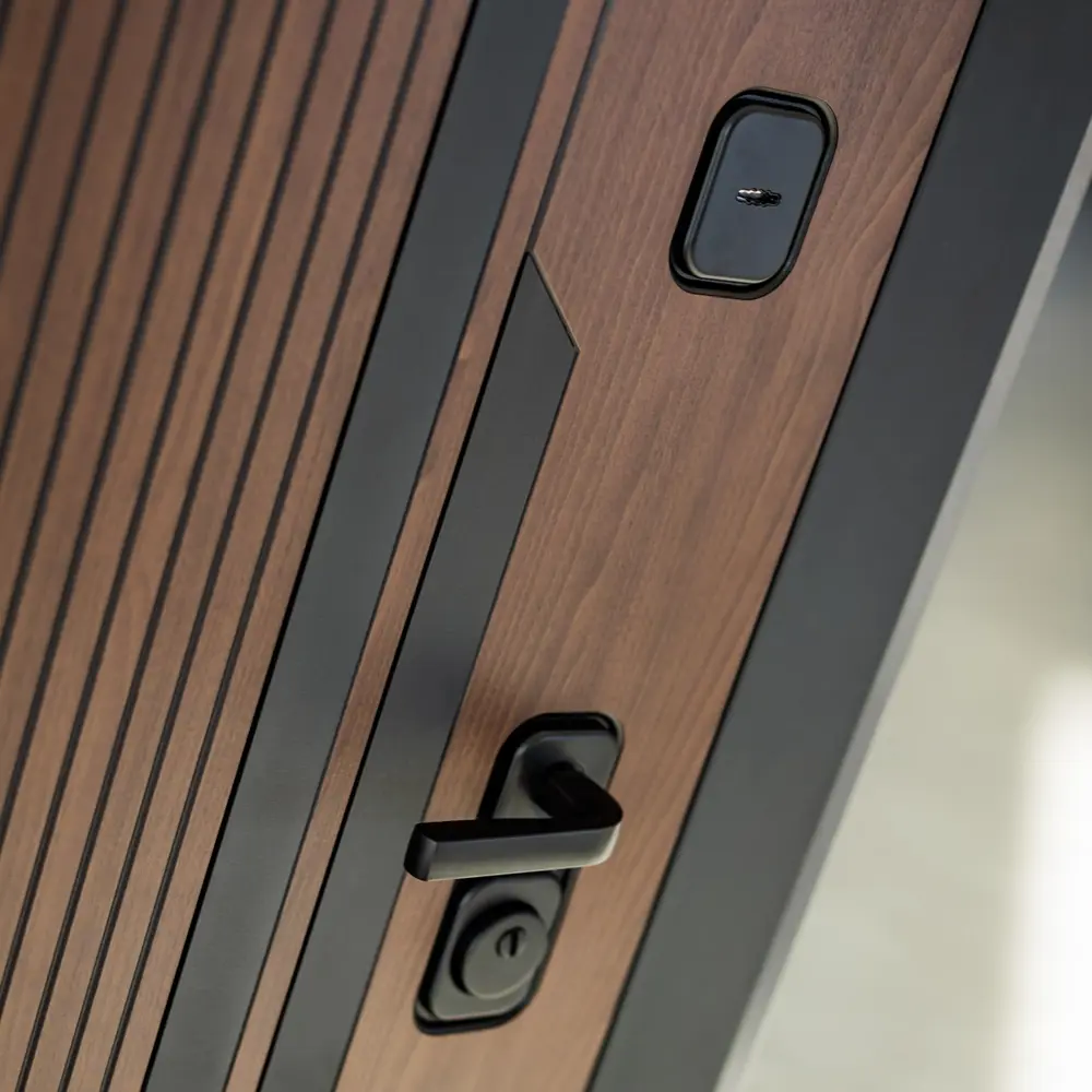 Фото 3 Входная дверь Лабиринт Кармина левый 205x96см цвет орех американский с патиной/черный кварц с зеркалом Панорама