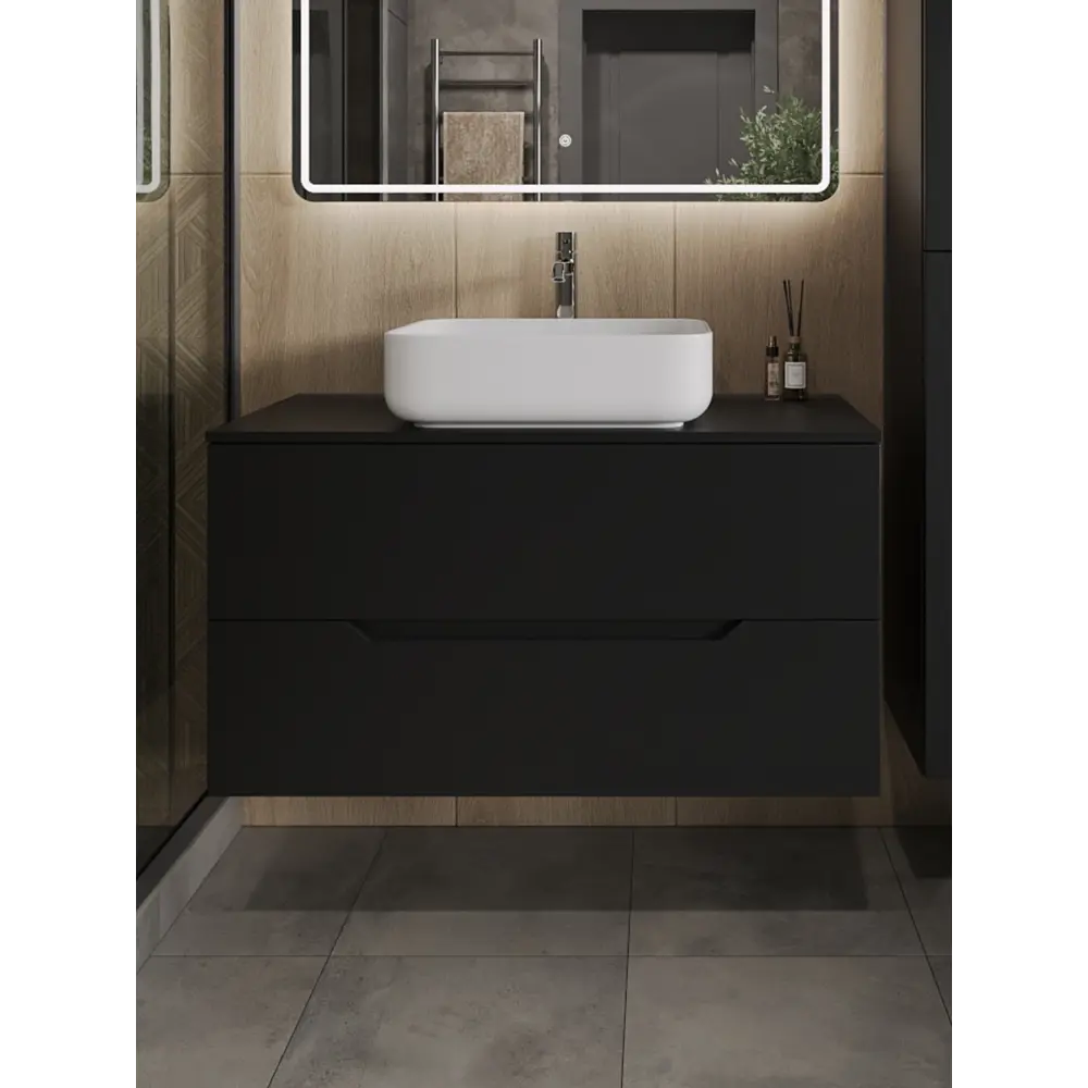 Фото Тумба с раковиной подвесная Topline FLIPTUS100B-5500W 100 см цвет черный матовый Фото Тумба с раковиной подвесная Topline FLIPTUS100B-5500W 100 см цвет черный матовый