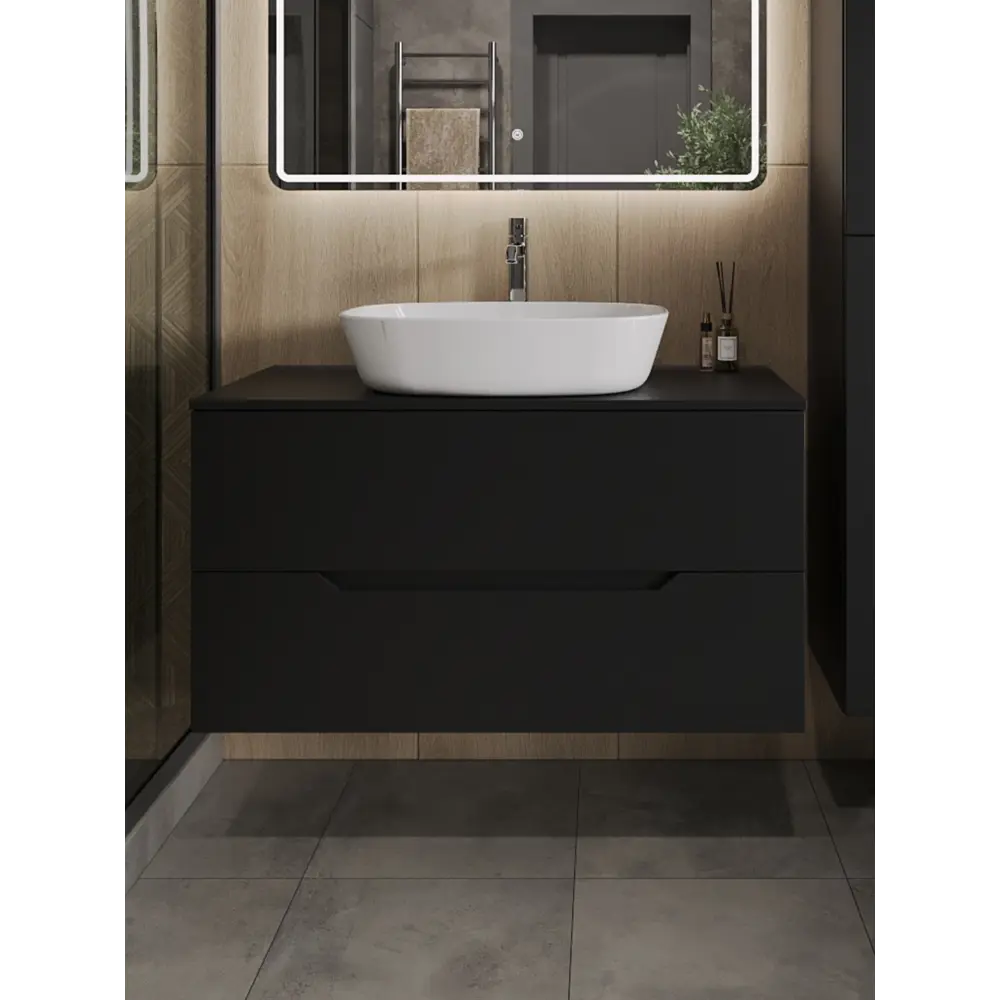 Фото Тумба с раковиной подвесная Topline FLIPTUS100B-8500W 100 см цвет черный матовый Фото Тумба с раковиной подвесная Topline FLIPTUS100B-8500W 100 см цвет черный матовый