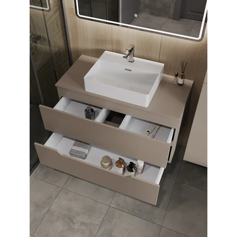 Фото 2 Тумба с раковиной подвесная Topline FLIPTUS100L-4500W 100 см цвет латте/белый Фото 2 Тумба с раковиной подвесная Topline FLIPTUS100L-4500W 100 см цвет латте/белый