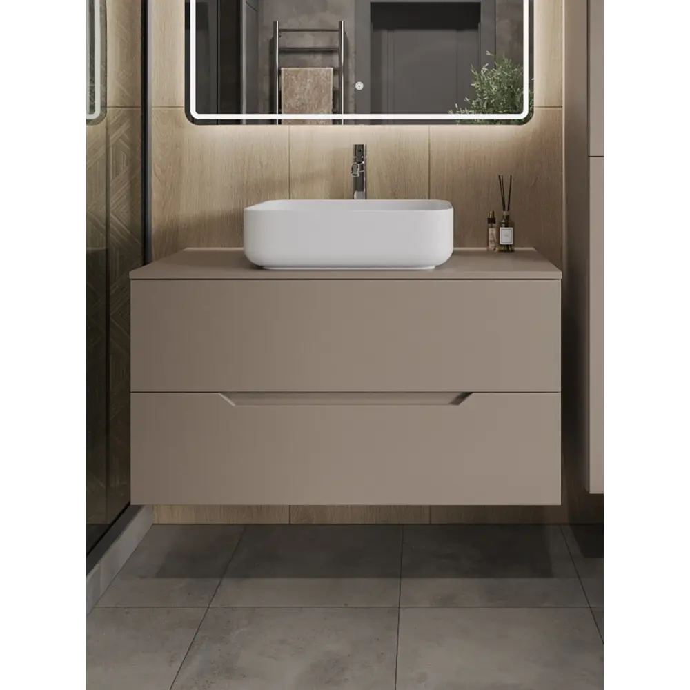 Фото Тумба с раковиной подвесная Topline FLIPTUS100L-5500W 100 см цвет латте матовый Фото Тумба с раковиной подвесная Topline FLIPTUS100L-5500W 100 см цвет латте матовый