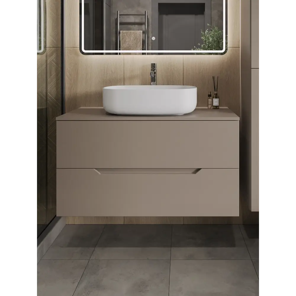 Фото Тумба с раковиной подвесная Topline FLIPTUS100L-7540W 100 см цвет латте матовый Фото Тумба с раковиной подвесная Topline FLIPTUS100L-7540W 100 см цвет латте матовый