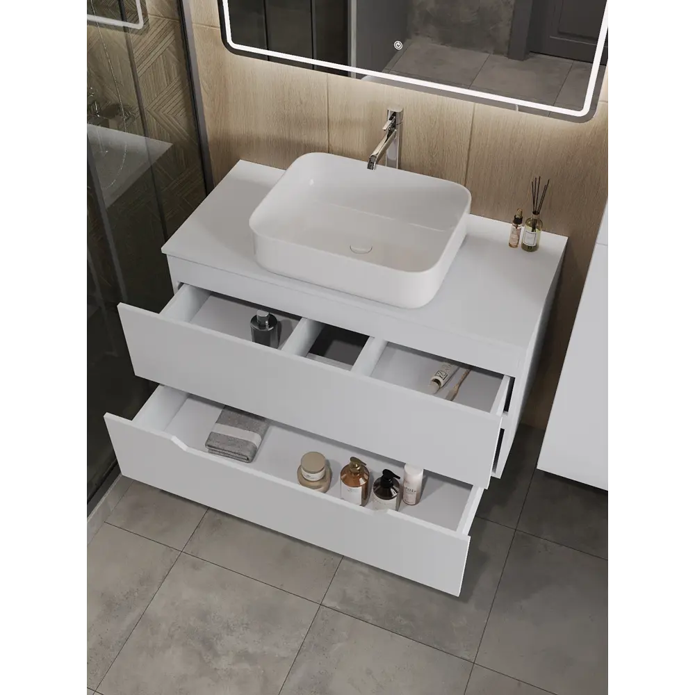 Фото 3 Тумба под раковину подвесная Topline TLLi-100TuwMDF+B05-500W 100см с раковиной цвет белый