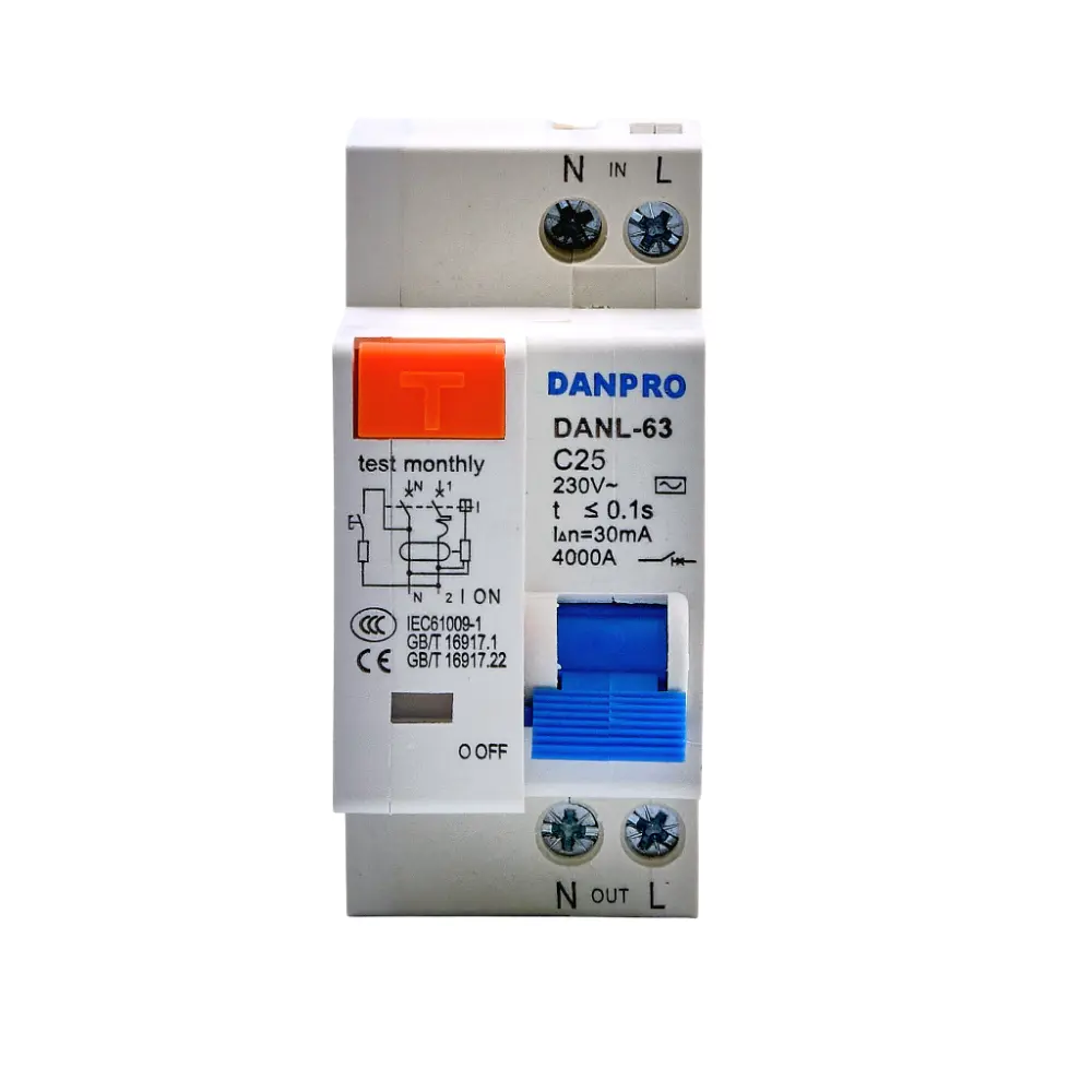 Фото Дифференциальный выключатель Danpro DANL-63/25 УЗО на DIN рейку однофазное 25А Фото Дифференциальный выключатель Danpro DANL-63/25 УЗО на DIN рейку однофазное 25А