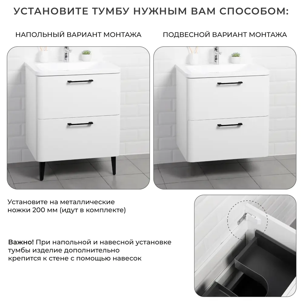 Фото 9 Тумба с раковиной напольная Итана Nais 60 2.0 595x450x780, белый матовый Фото 9 Тумба с раковиной напольная Итана Nais 60 2.0 595x450x780, белый матовый