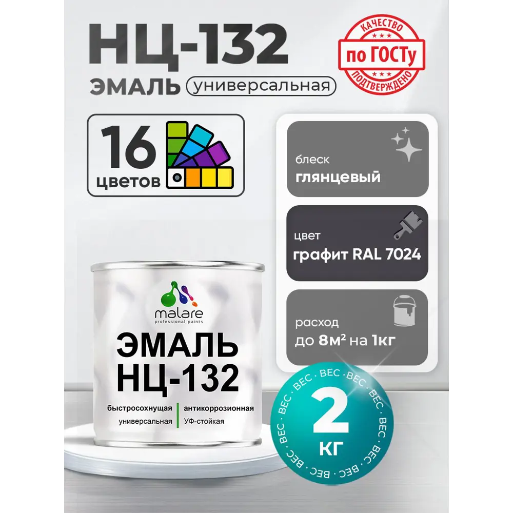 Фото 2 Эмаль универсальная Malare Professional НЦ-132 быстросохнущая цвет RAL 7024 графит глянцевая 2 кг