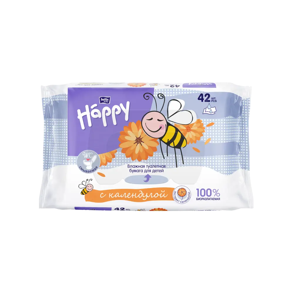 Фото Влажная туалетная бумага Bella baby Happy для детей с экстрактом календулы 42 шт Фото Влажная туалетная бумага Bella baby Happy для детей с экстрактом календулы 42 шт