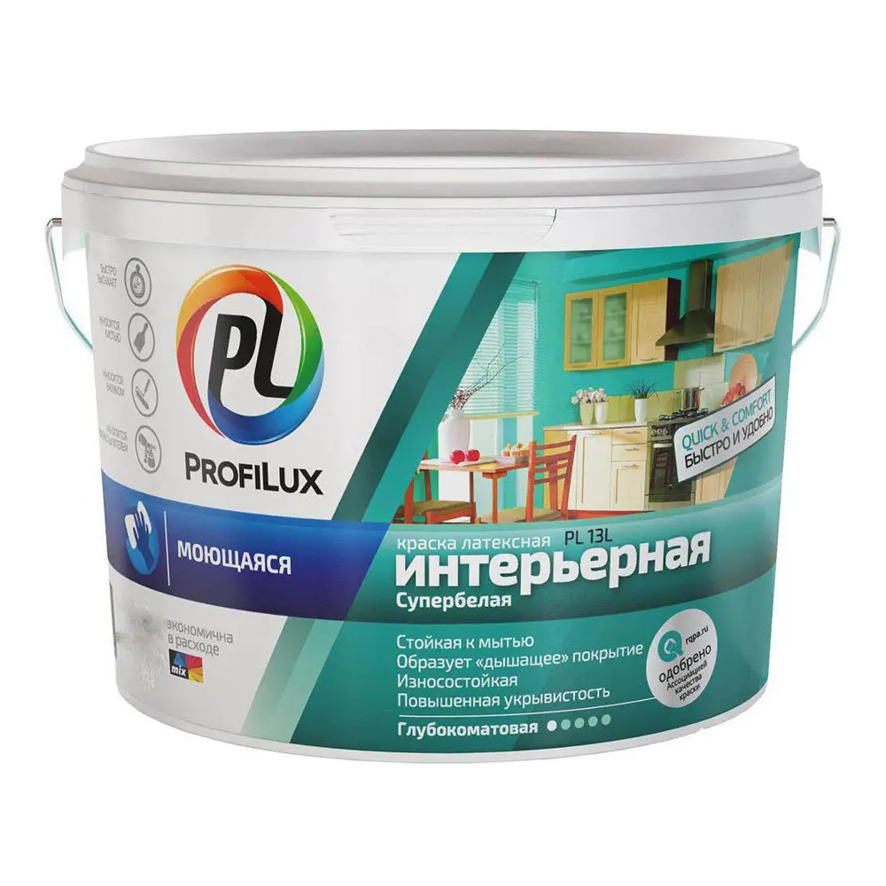 Фото Краска для стен и потолков для влажных помещений латексная Profilux PL-13L глубокоматовая супербелая база 1 14 кг Фото Краска для стен и потолков для влажных помещений латексная Profilux PL-13L глубокоматовая супербелая база 1 14 кг