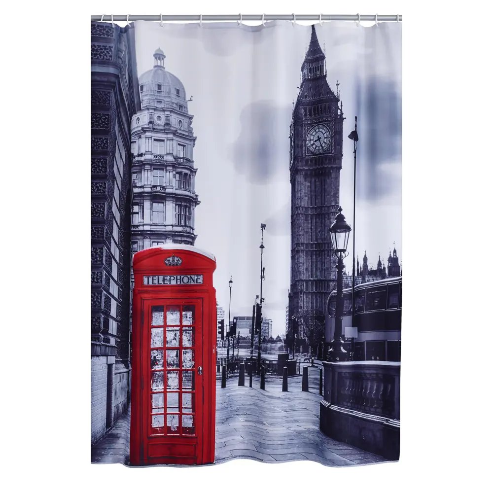 Фото Штора для ванных комнат Ridder Telephone Box серый/красный 180x200см Фото Штора для ванных комнат Ridder Telephone Box серый/красный 180x200см