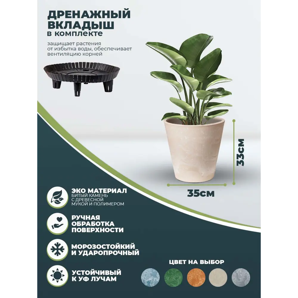 Фото 2 Кашпо H-11T35п Greenship 35 см 18 л пластик бежевый Фото 2 Кашпо H-11T35п Greenship 35 см 18 л пластик бежевый