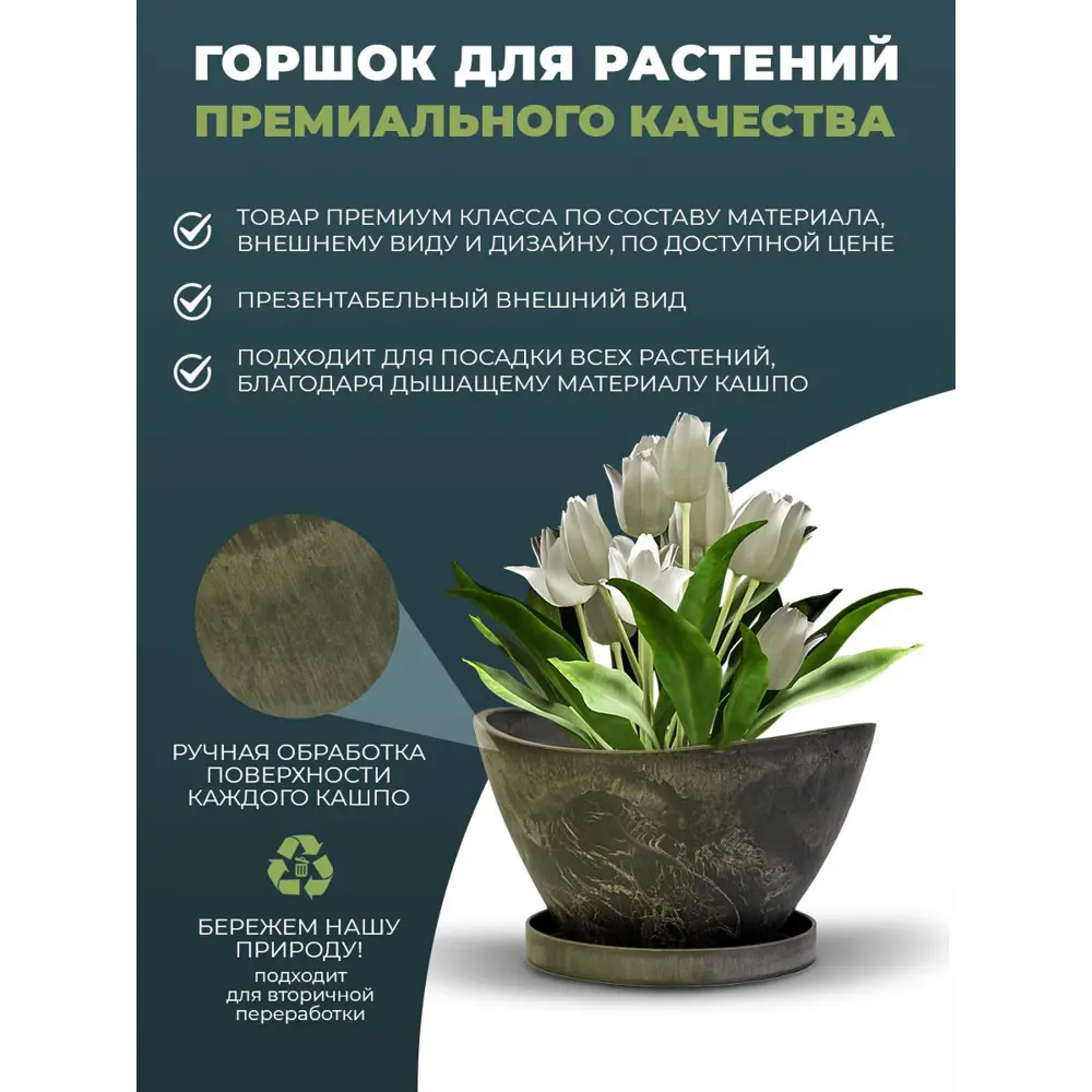 Фото Горшок цветочный H-09YB30-1ду Greenship 30.5 см 4 л пластик серый Фото Горшок цветочный H-09YB30-1ду Greenship 30.5 см 4 л пластик серый