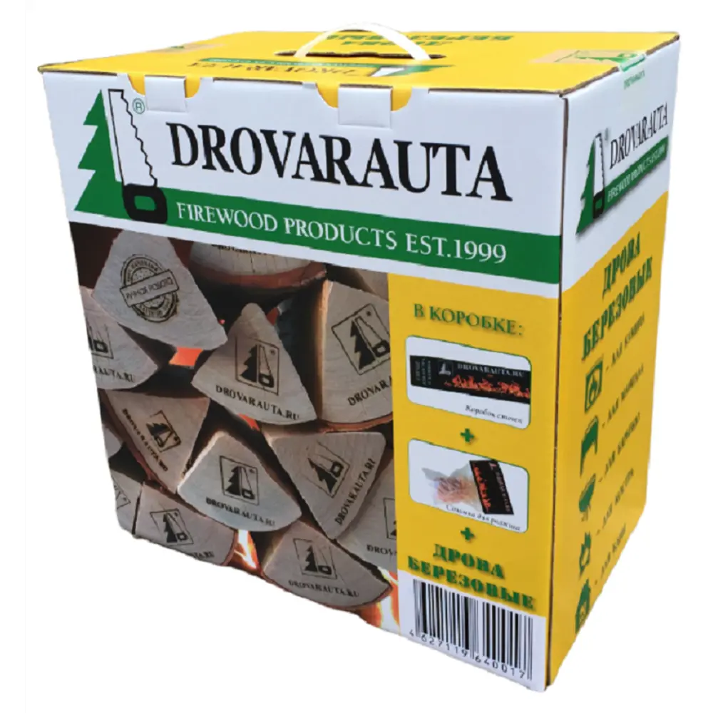 Фото Дрова берёзовые сухие в коробке Drovarauta 7ДБК001 20 л спички и сосновая соломка