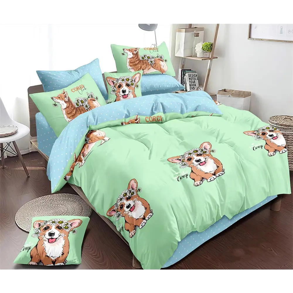 Фото Комплект постельного белья Home Mercury Корги 24226, семейный, поплин, разноцветный Фото Комплект постельного белья Home Mercury Корги 24226, семейный, поплин, разноцветный