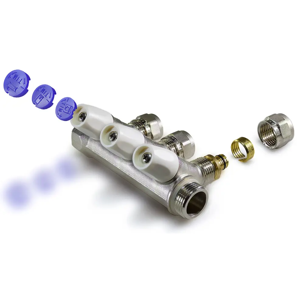 Фото Коллектор распределительный TIM MR135N-3/4-C-2 с вентилями и цангами 3/4" 2 отвода под трубу 16 мм Фото Коллектор распределительный TIM MR135N-3/4-C-2 с вентилями и цангами 3/4" 2 отвода под трубу 16 мм