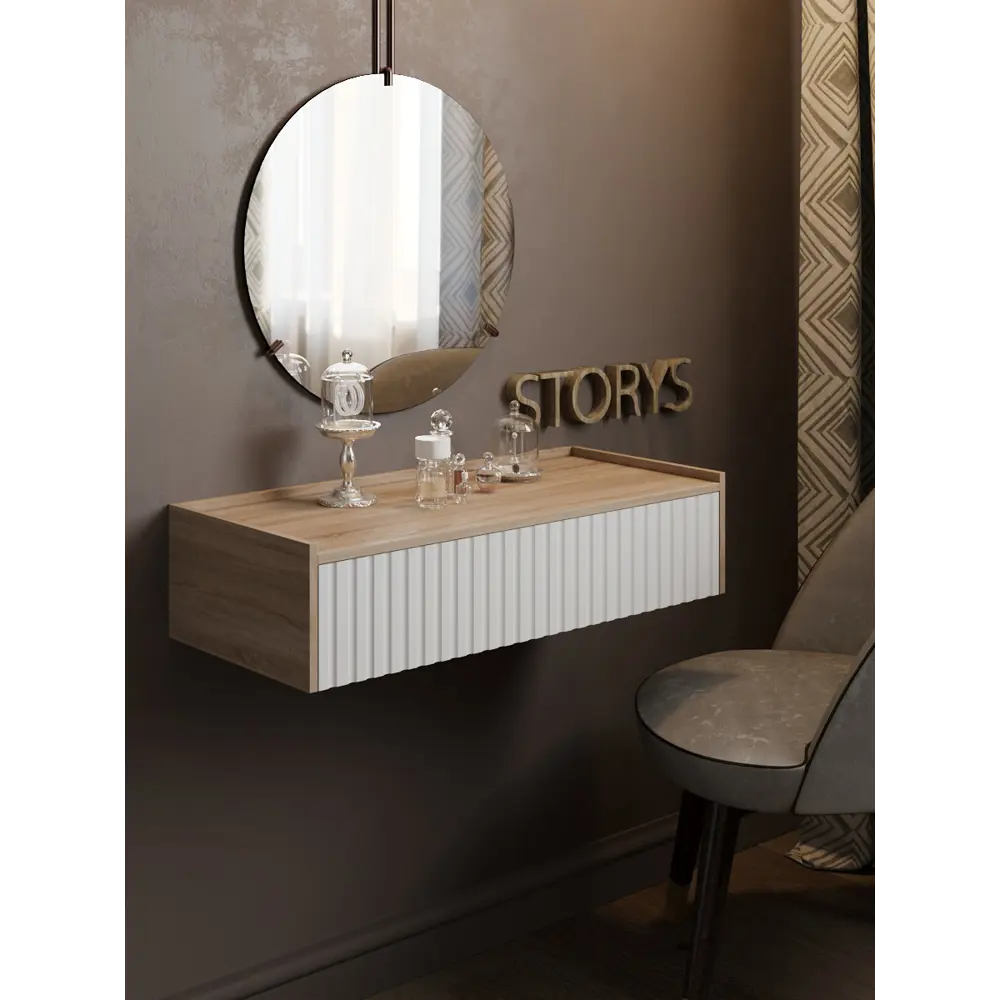 Фото Консоль с бортиком Storys Сити 75x18x34 см 1 ящик ЛДСП цвет белый/дуб сонома Фото Консоль с бортиком Storys Сити 75x18x34 см 1 ящик ЛДСП цвет белый/дуб сонома