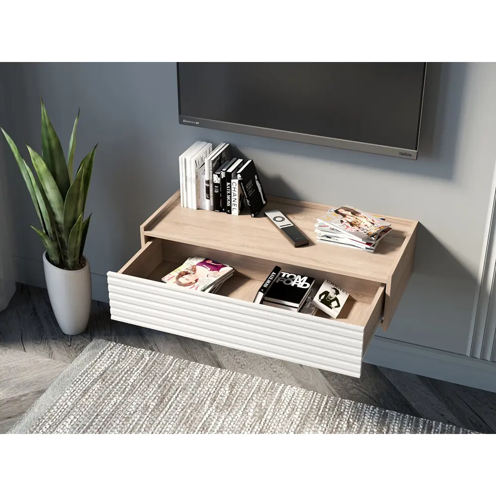 Фото 3 Тумба с бортиком под телевизор Play Сиена 50x18x34 см ЛДСП цвет белый/дуб сонома Фото 3 Тумба с бортиком под телевизор Play Сиена 50x18x34 см ЛДСП цвет белый/дуб сонома