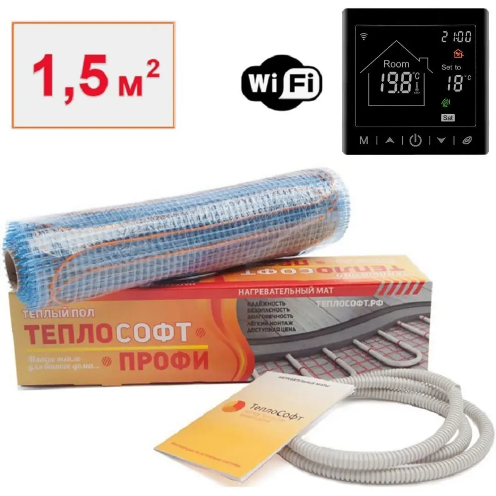 Фото Нагревательный мат для теплого пола Теплософт Профи 1.5 м² 225 Вт с Wi Fi терморегулятором цвет черный Фото Нагревательный мат для теплого пола Теплософт Профи 1.5 м² 225 Вт с Wi Fi терморегулятором цвет черный
