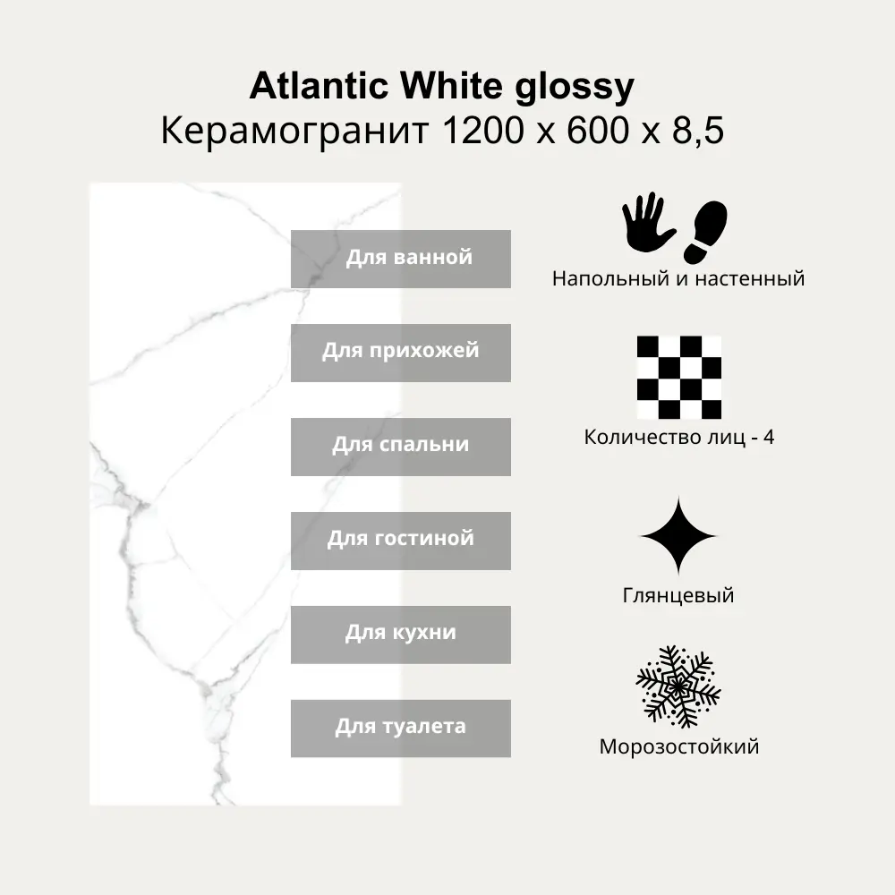 Фото 2 Керамогранит Kerald Atlantic white glossy 60x120см 1.44 м² цвет белый, цена за упаковку Фото 2 Керамогранит Kerald Atlantic white glossy 60x120см 1.44 м² цвет белый, цена за упаковку
