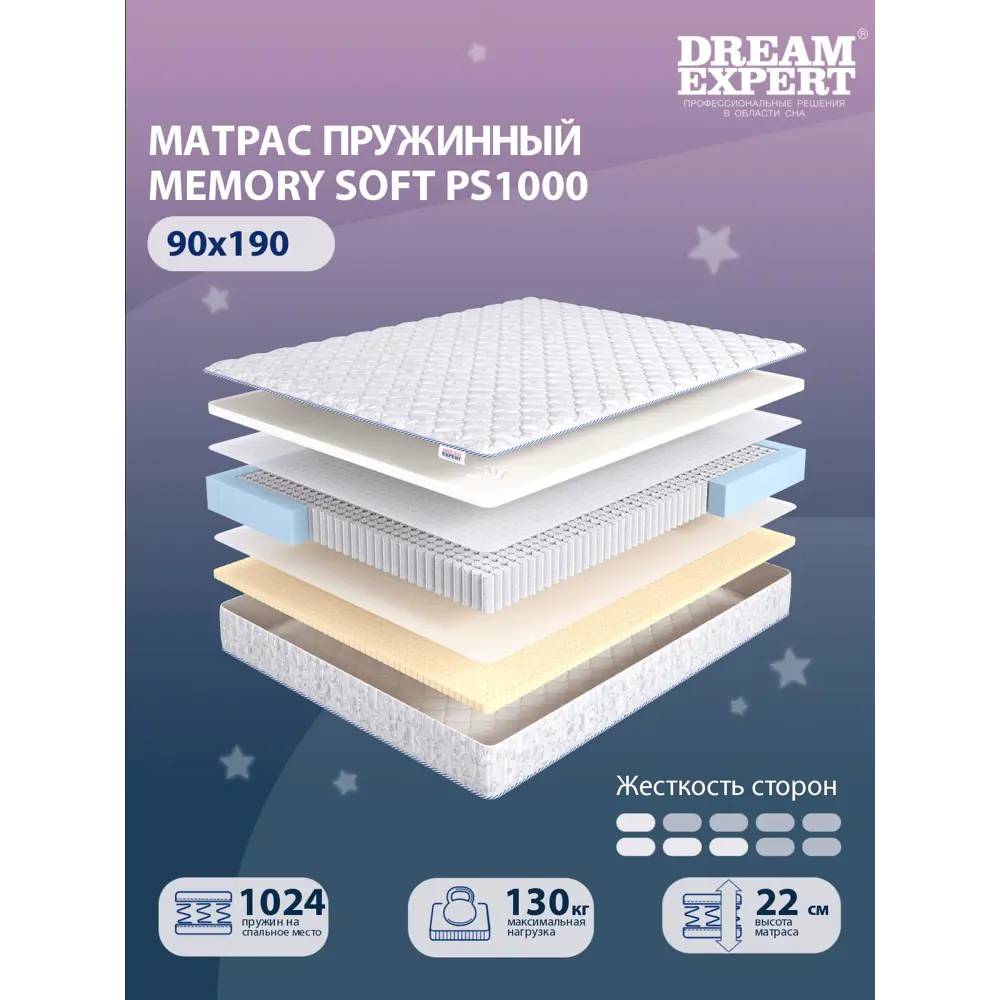 Фото Матрас независимый пружинный блок Dreamexpert Memory Soft PS1000 DEXDE7631647, 90x190 см Фото Матрас независимый пружинный блок Dreamexpert Memory Soft PS1000 DEXDE7631647, 90x190 см