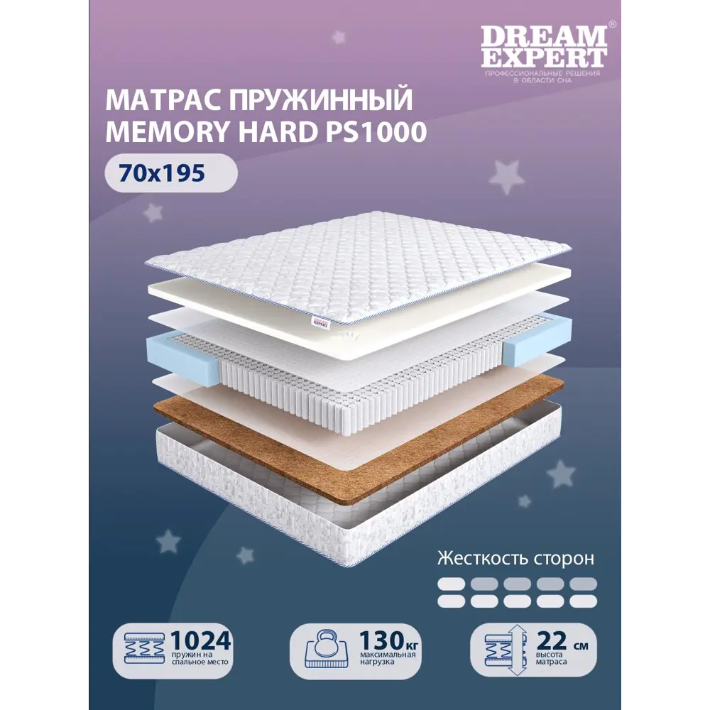 Фото Матрас независимый пружинный блок Dreamexpert Memory Hard PS1000 DEXDE7632596, 70x195 см Фото Матрас независимый пружинный блок Dreamexpert Memory Hard PS1000 DEXDE7632596, 70x195 см