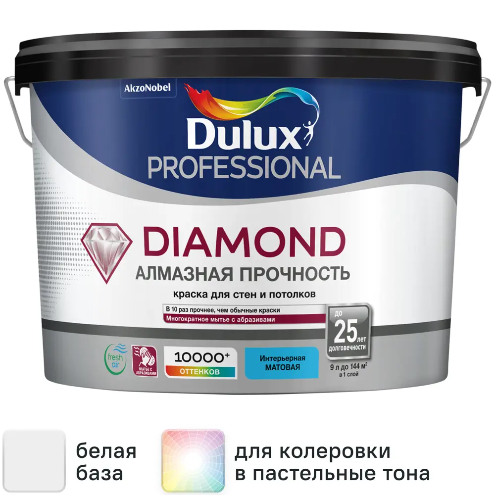 Фото Краска для стен и потолков Dulux Professional Diamond Matt моющаяся матовая цвет белый база А 9 л Фото Краска для стен и потолков Dulux Professional Diamond Matt моющаяся матовая цвет белый база А 9 л