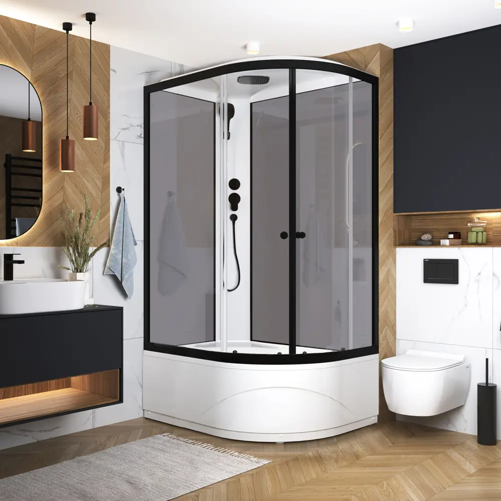 Фото Душевая кабина Domani-Spa Delight Slim 128 high L 120x80x218 высокий поддон серые стенки, прозрачное стекло, графит профиль, Black accents