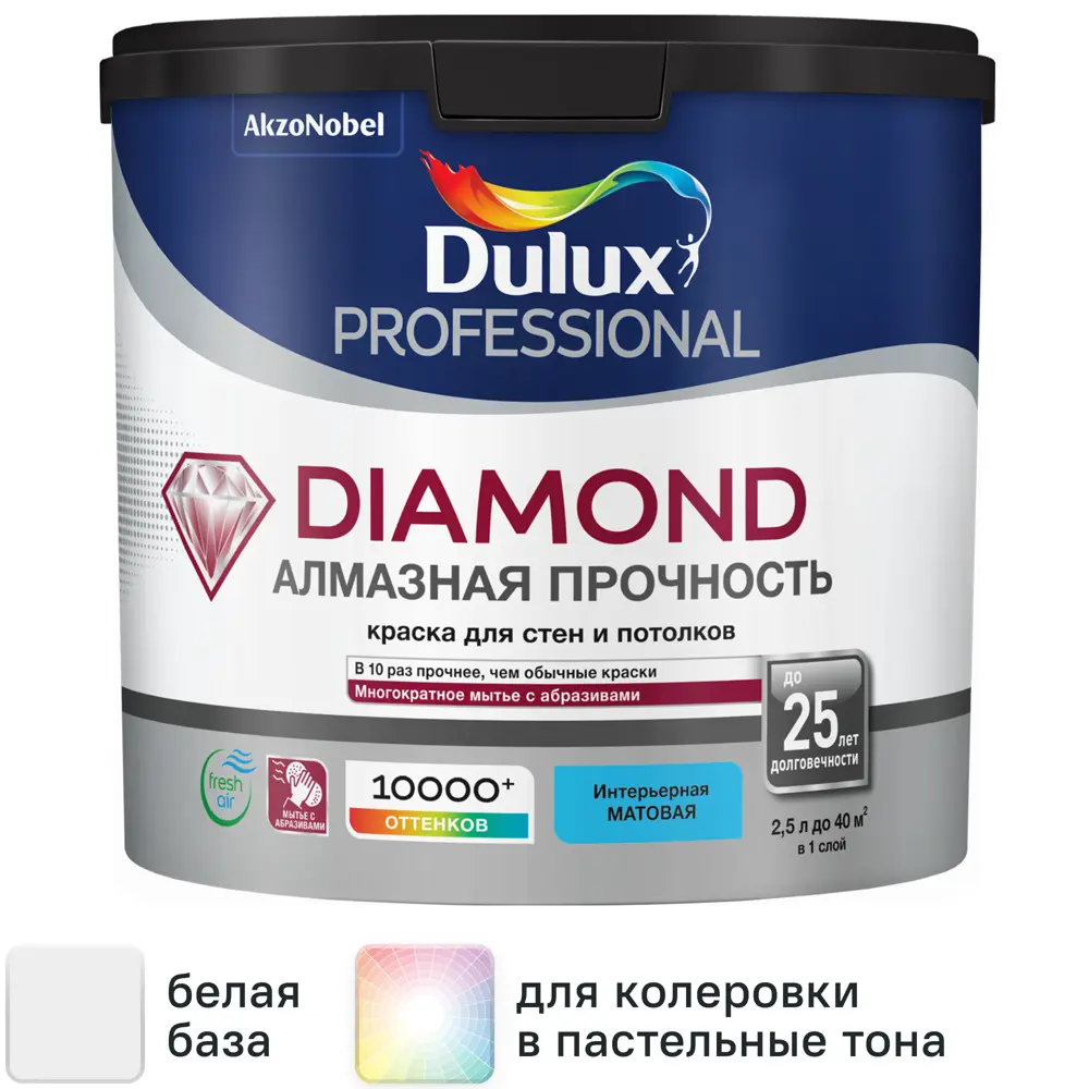 Фото Краска для стен и потолков Dulux Professional Diamond Matt моющаяся матовая цвет белый база BW 2.5 л Фото Краска для стен и потолков Dulux Professional Diamond Matt моющаяся матовая цвет белый база BW 2.5 л