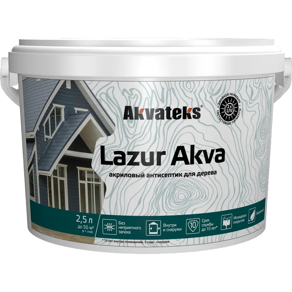 Фото 2 Лак-антисептик Akvateks Lazur Akva полуглянцевый прозрачный 2.5 л