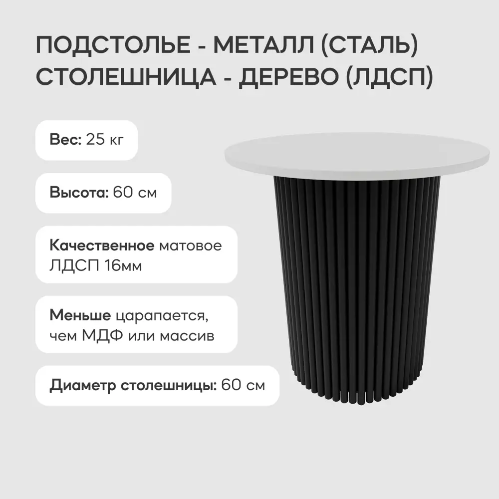 Фото 3 Журнальный столик круглый Genglass Trubis Wood S 60 60x60x60 см с металлическим черным подстольем и белой столешницей Фото 3 Журнальный столик круглый Genglass Trubis Wood S 60 60x60x60 см с металлическим черным подстольем и белой столешницей