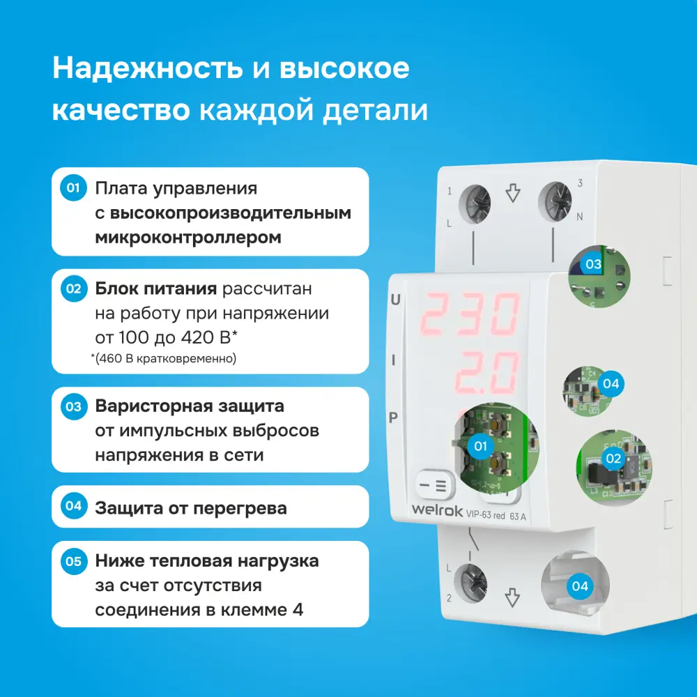 Фото 5 Реле напряжения с контролем тока Welrok VIP-63 red Фото 5 Реле напряжения с контролем тока Welrok VIP-63 red