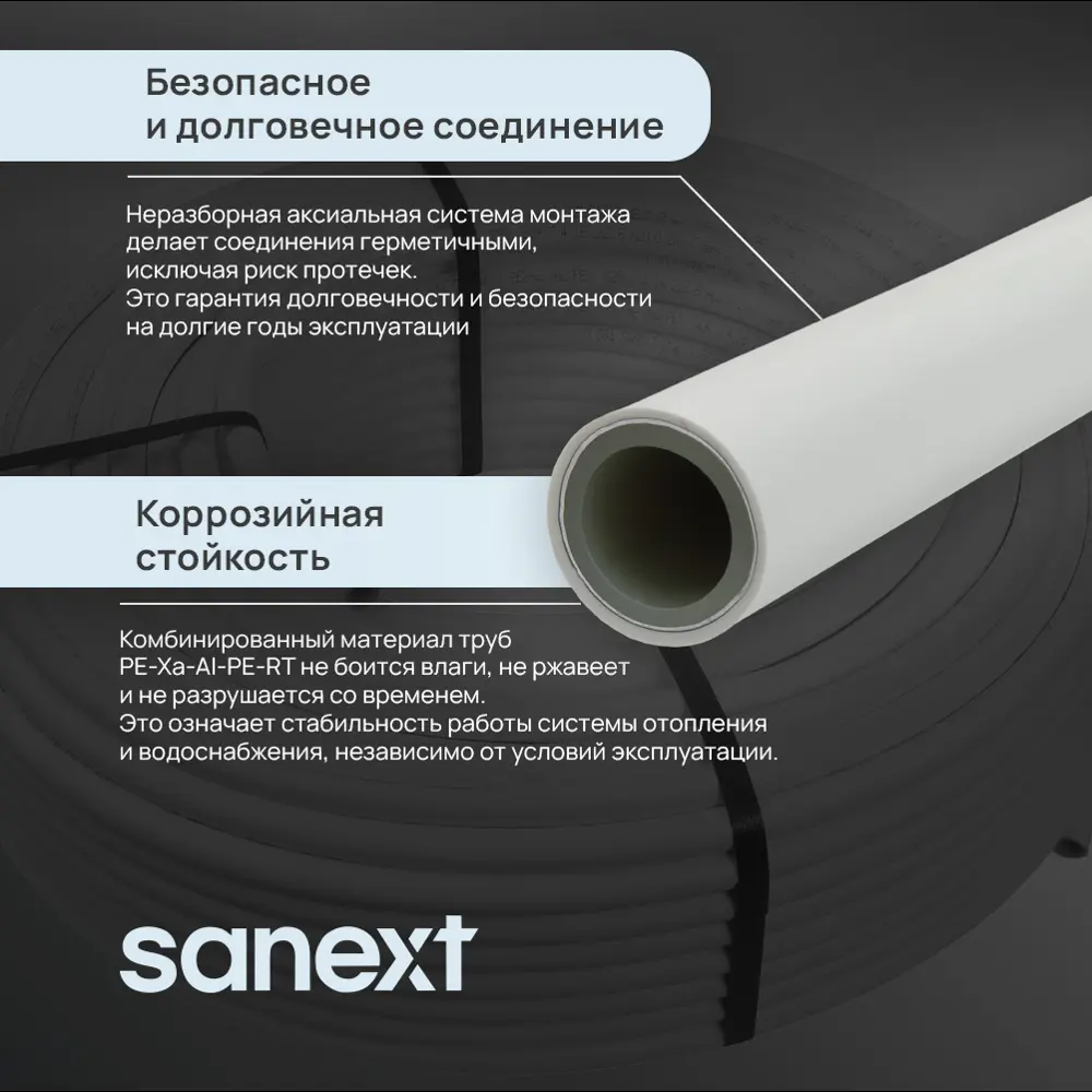 Фото 3 Труба металлопластиковая Sanext Стабил PE-Xa-AL-PE-RT 32х4.7 мм PN10 бухта 50 м цвет белый Фото 3 Труба металлопластиковая Sanext Стабил PE-Xa-AL-PE-RT 32х4.7 мм PN10 бухта 50 м цвет белый