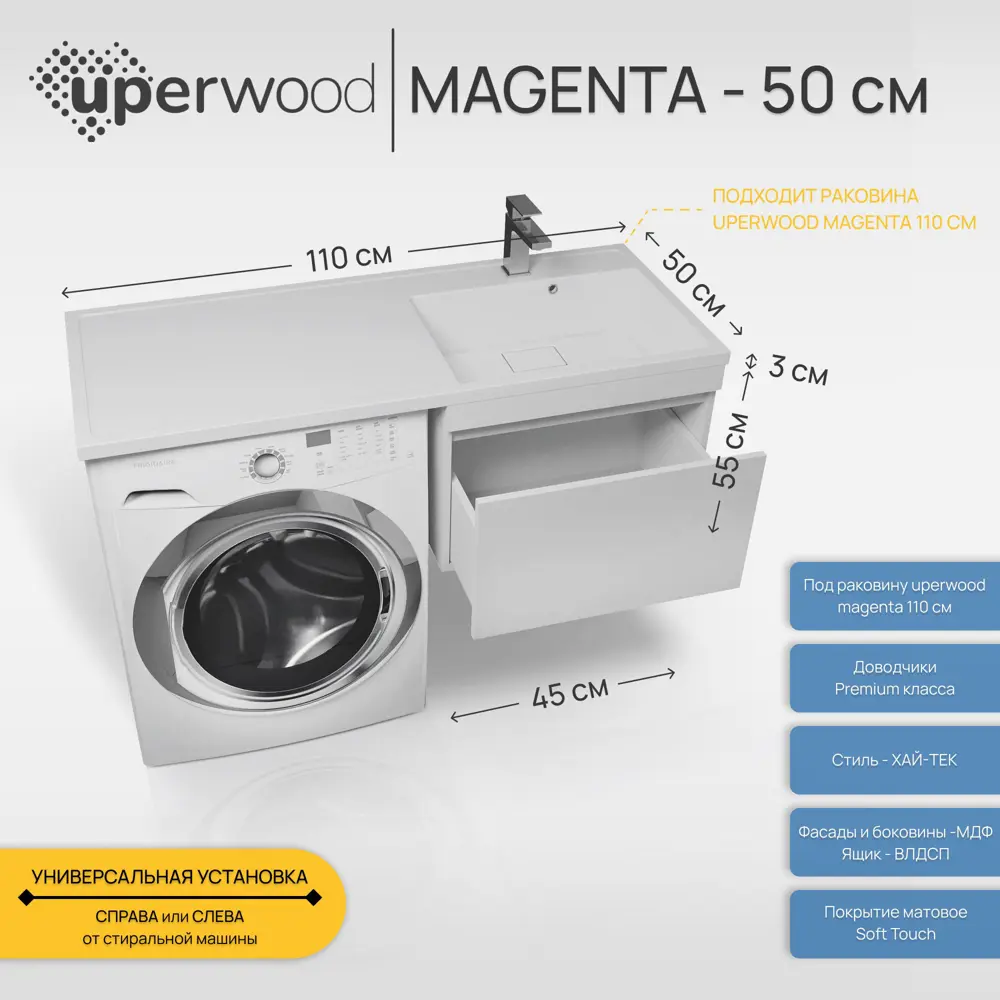 Фото 2 Тумба под стиральную машину Uperwood Magenta 5930205162 подвесная 45см цвет белый Фото 2 Тумба под стиральную машину Uperwood Magenta 5930205162 подвесная 45см цвет белый